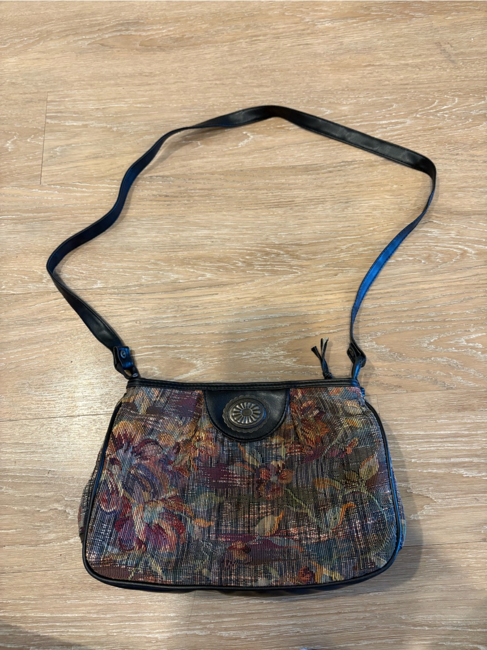 Tapestry Floral Crossbody Bag with Black Trim